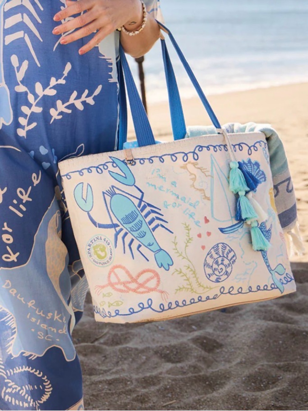 Spartina 449 Embroidered Sea Life Beach Tote ‘Overboard’ NWT Cotton Canvas